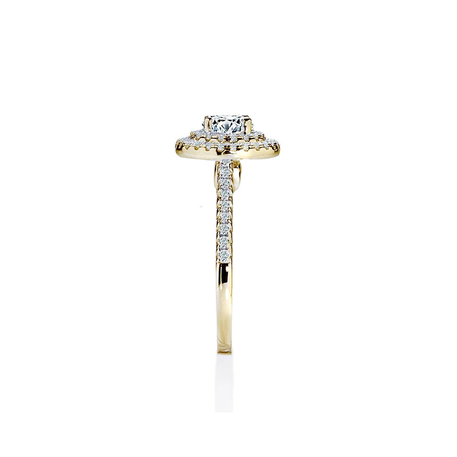 Isadora rund safir forlovelsesring med dobbelt diamant halo i guld