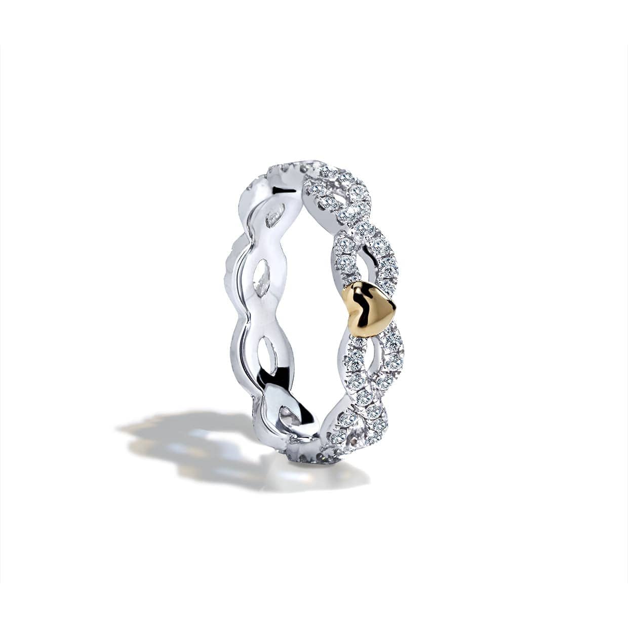 Diamantring eternity twist micropavé med hjerte i guld og hvidguld